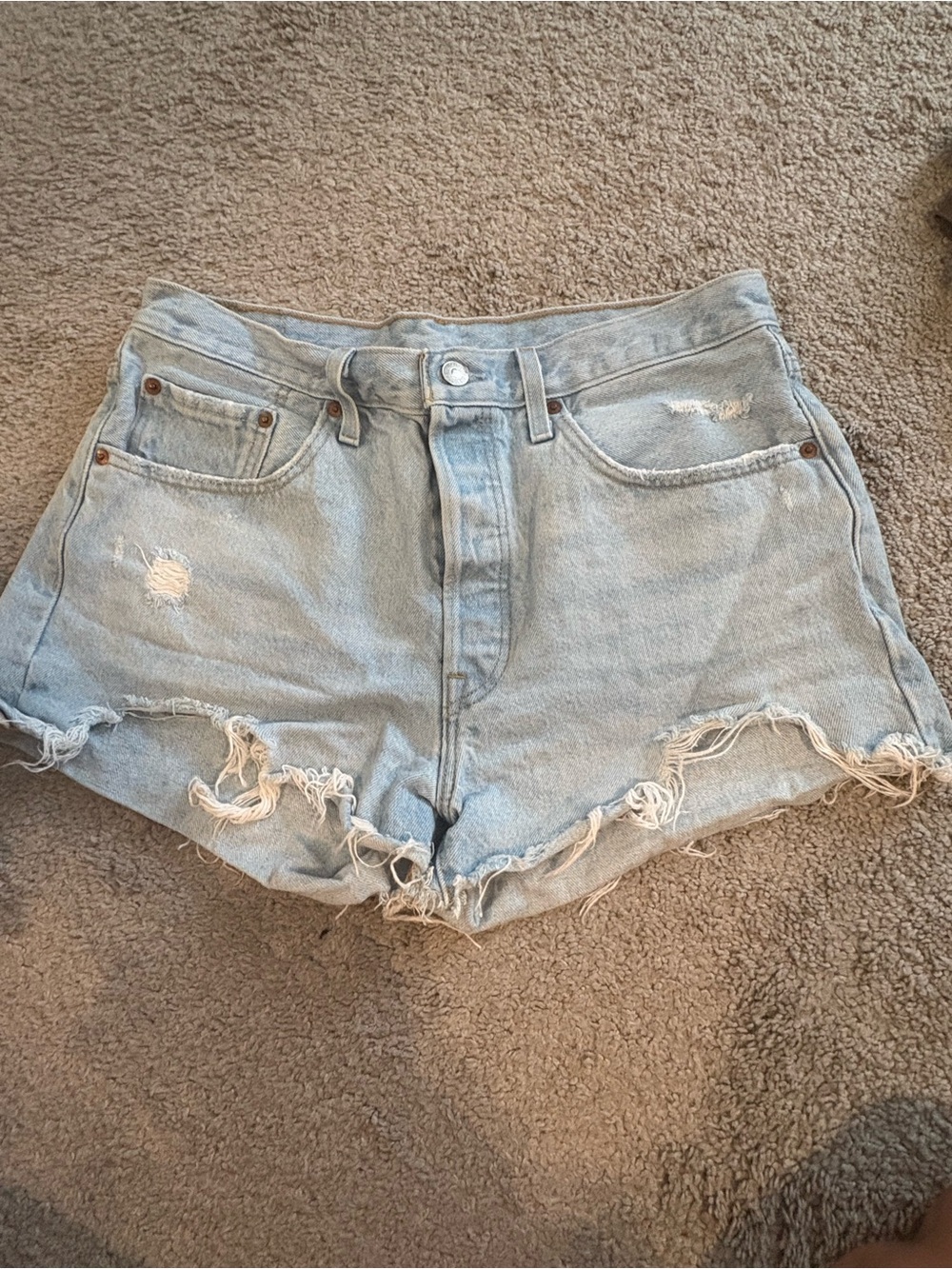 Levi's Light Blue Distressed High-Rise Denim Shorts